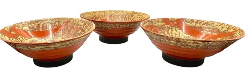 Set of 3 Art Pottery Bowl Bowls Orange Splatter Glaze Tea Ramen Japan 6 x 2.5”