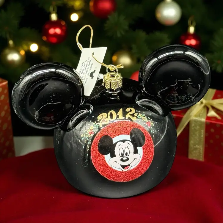 Disney World 2012 Mickey Mouse Icon Blown Glass Ears Christmas Ornament With Tag