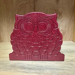 VTG Wood Carved Doubled Sided Owl Napkin Holder Letter Organizer Red