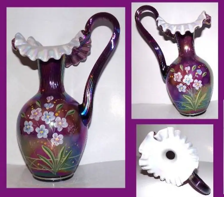Stunning Vintage Fenton HP Plum Overlay, Diamond Optic, Iridescent, Hand-Painted Floral Pitcher