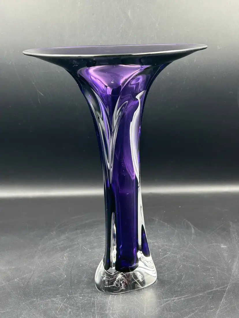 Vintage Jonathan Winfisky Art Glass Purple Trumpet Tulip Vase signed 98