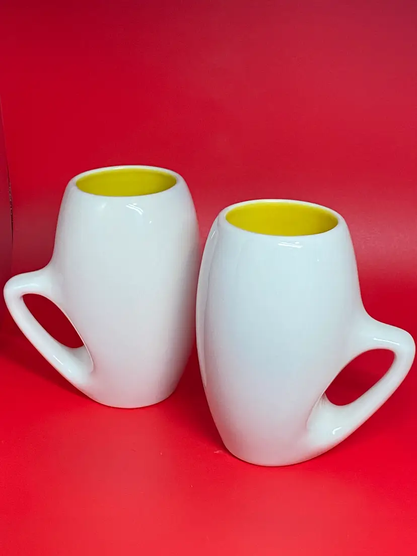 2 MCM White with Yellow Interior Mugs Rare & Unique Design