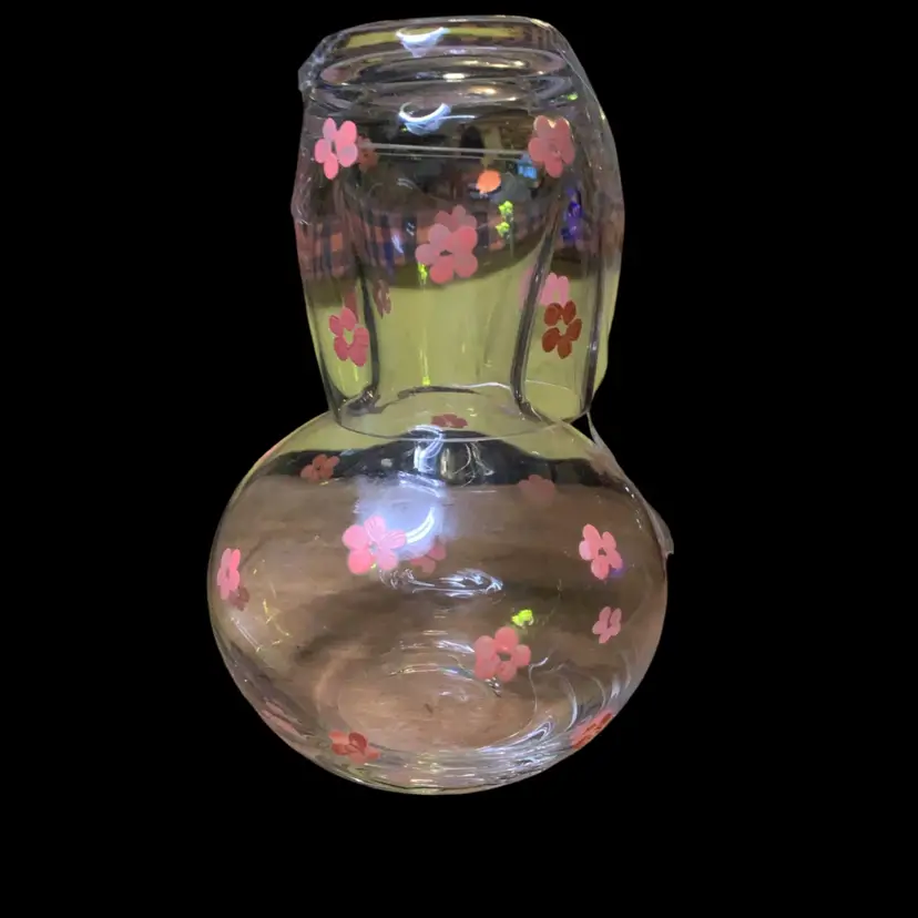 21. Pink Floral Glass Bedside Water Carafe Tumble Up Decanter