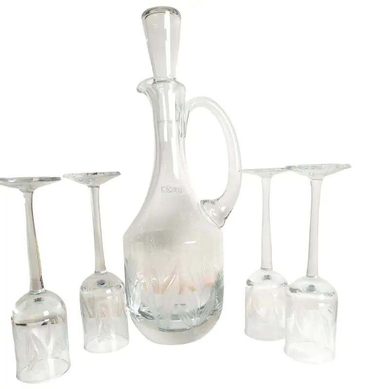 Vtg Mid Century Toscany Etched Tulip Crystal Wine Decanter Set 4 Glasses Stopper