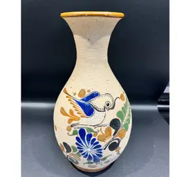 Tonalá Mexican Pottery - Large Vase – Hand-Painted-Bird & Floral -Folk Art – Signed “JS” – 9.5”x 5″