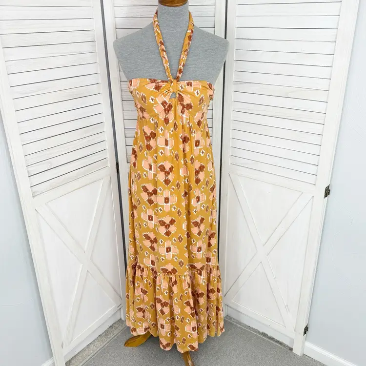 Aerie Ikat Linen Blend Tiered Tie Neck Maxi Sundress Yellow Small Boho Western
