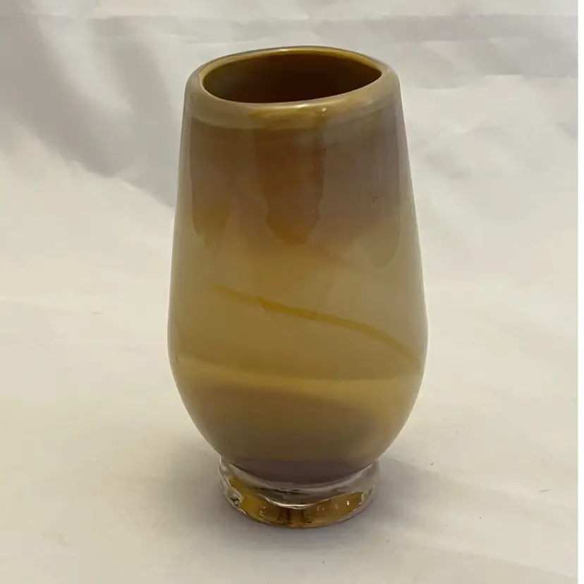Art Glass Footed Vase, Hand Blown, 6" Beige Khaki Color, Vintage EUC