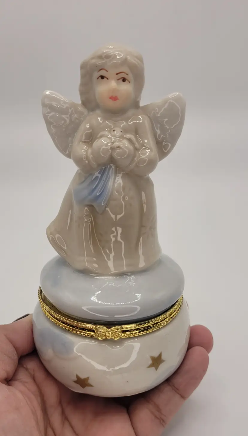 Porcelain Angel  Hinged Trinket Box 4" tall