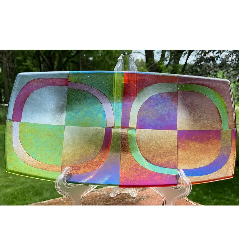 Dichroic Fused Glass Plate. 12” x 6.5”. Signed Shepardson Studios.
