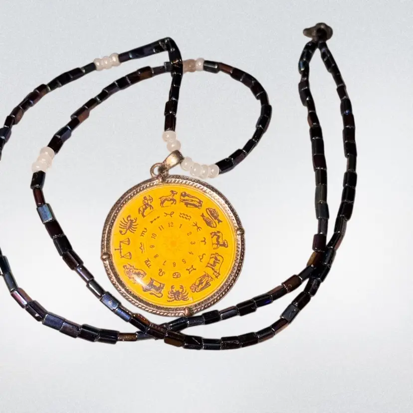 Zodiac Wheel Pendant On Hand Beaded Necklace