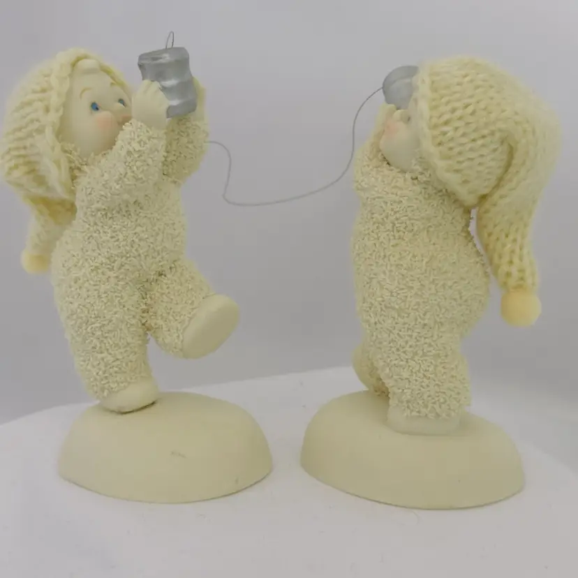 #1881 Dept 56 Snow Babies Figurines "Can You Hear Me Know?" #4031922, Wool Hats approx. 4.25" tall