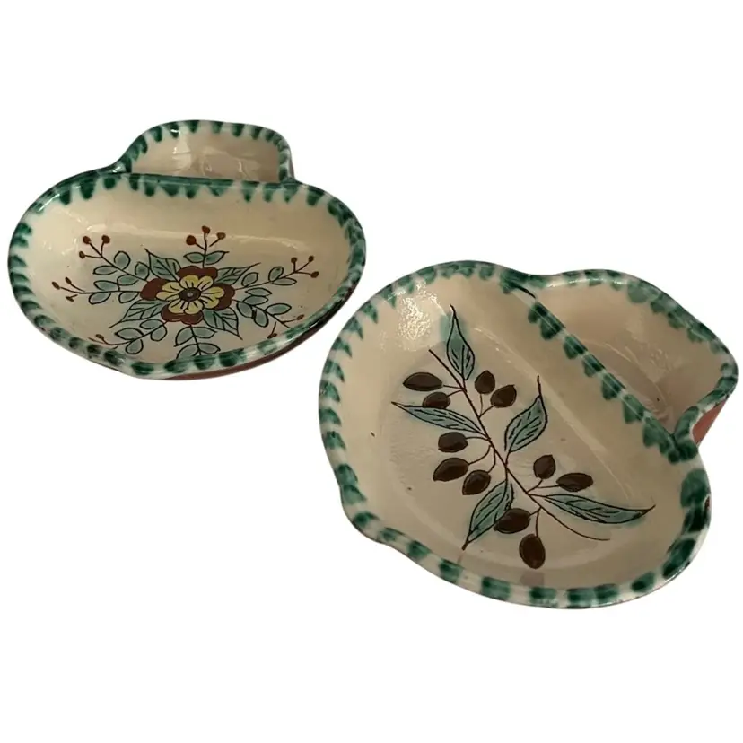 Pair of Handmade/hand-painted- Made in Portugal -Olive & Pit- Divided Dip-Terra Cotta Dishes 5” X 5.25”