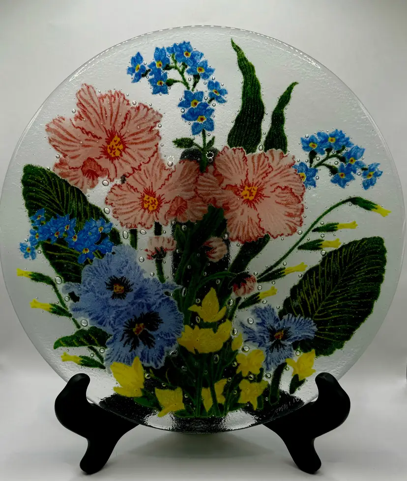 Peggy Karr Fused Glass Floral Plate, Hand-Painted Decorative Art, By Artist Peggy Karr, Signed