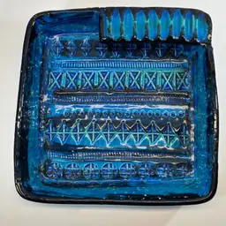 Bitossi Square Ashtray Aldo Londi Rimini-blue Glaze MCM X-Ray Pattern 7”x7”