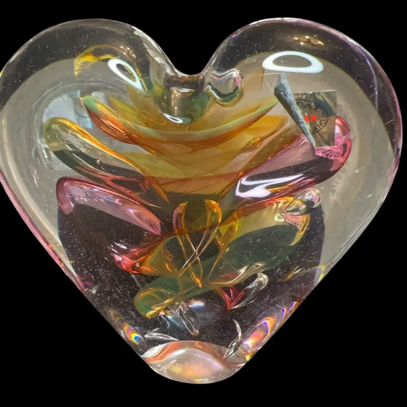 SIGNED Under Sticker, Marian Pyrcak 6" PAPERWEIGHT Blown Glass Heart Swirl Vintage Made In Poland