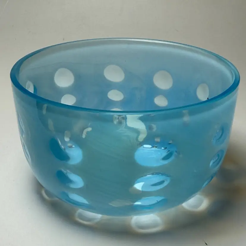 Vintage Fenton Blue Opalescent Coin Dot Spot Art Glass Bowl Mid Century Modern
