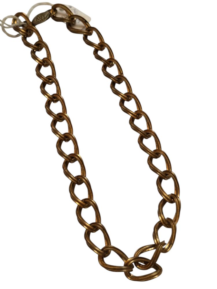 Vintage Textured Brass Curb Link Chain Necklace with Fancy Art Deco Style Clasp