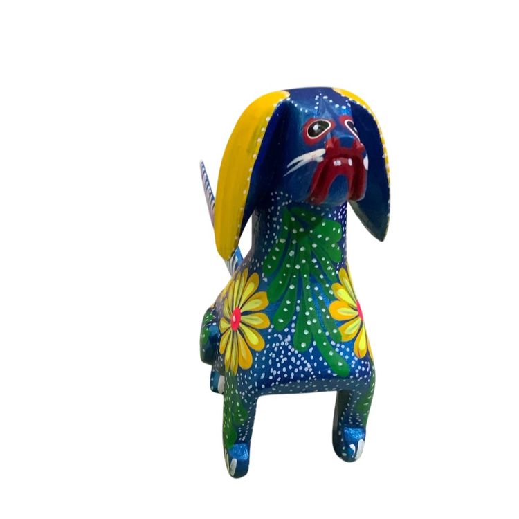 Colorful Hand Carved Wooden Alebrije Elephant Puppy Guardian Hound Dog Figurine 4” By 4” Tall Featuring Dark Teal Blue Base Color Made By Me