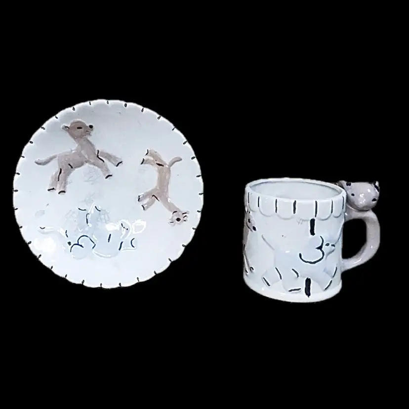 Vintage Handmade Ceramic Childrens Carousel Animals Mug Bowl Set Whimsical Fun
