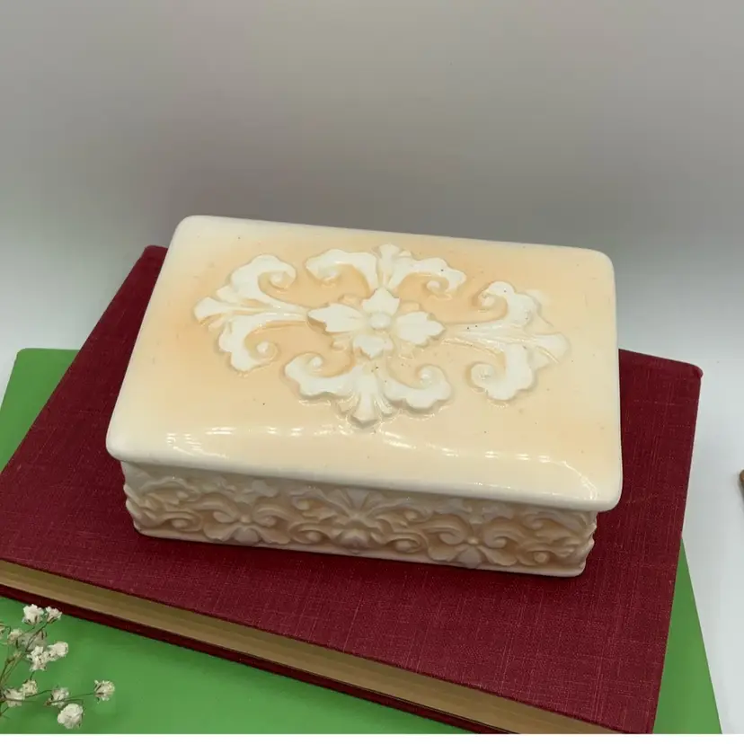 Embossed Ceramic Trinket Box 5.25”Lx 1.5”Tall