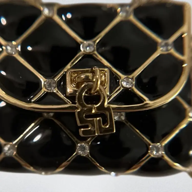 Vintage St John Knits Enamel Quilted Purse Brooch With Cell Phone Charm SJ logo