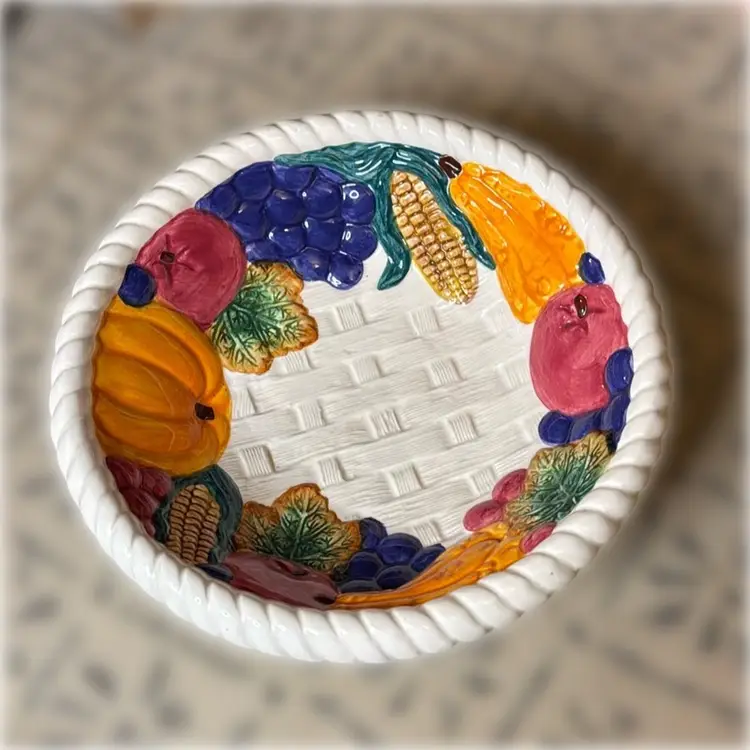 1997 Vintage Cracker Barrel Autumn Ceramic Basket Bowl - Hand-Painted