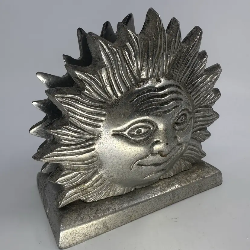 Sun Shaped Sculptured Silver Metal Napkin/Letter Holder 5”Tx5”A