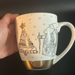Cypress Home - Large 17 oz Christmas Mug – Santa & Tree Scandinavian Design with Gold Base & Star- 4.74” Tall,  6” Wide, 4” Diameter