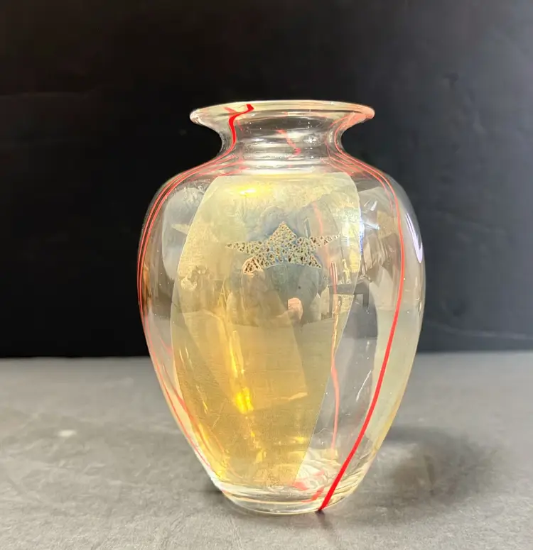 Vintage STUDIO PARAN GLASS VASE Gold Flakes, Stars And Red Lines  5 1/2 X 4"