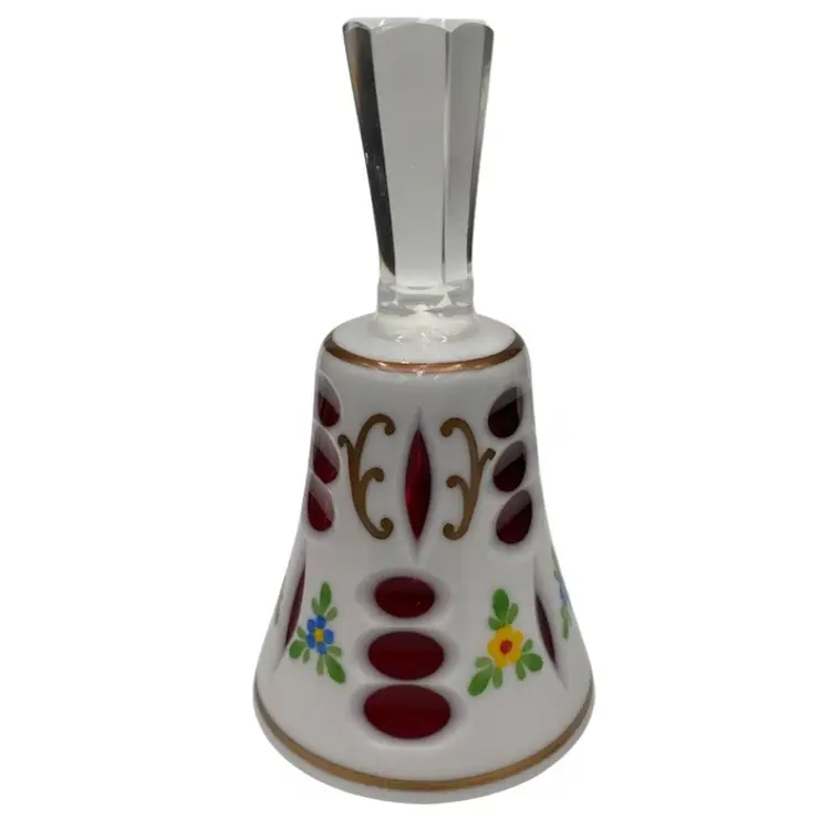 Vintage Bohemian Bell, Cased Milk Glass Cut to Ruby, Hand-Painted, MINT