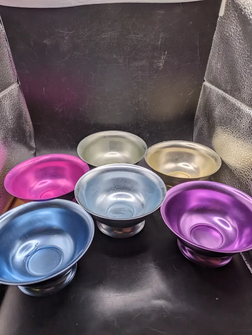 Vintage Set of 6 Style Multi-Colored Aluminum Ice Cream Footed Bowls Lightly Used 8 oz
