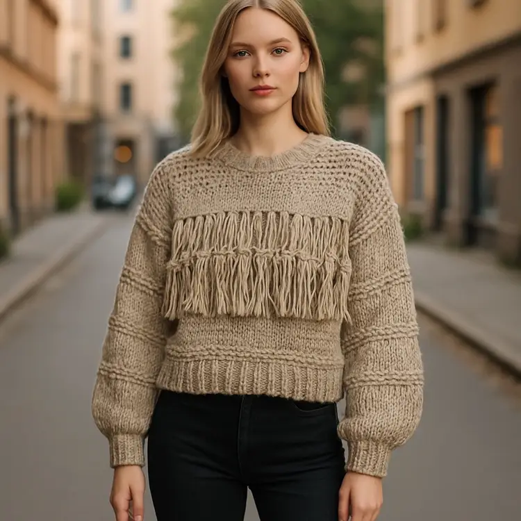 NWT Sage The Label 
Fringe Chunky Knit Sweater – Sage Green, Size Small (Salesman Sample)