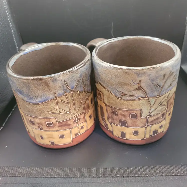 2 Mara of Morelia Mexico Mugs Pueblo/Hacienda Design 16 oz. Hand Painted