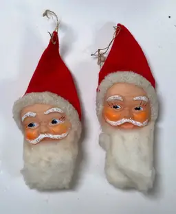 *VTG* Set of 2 Santa Head Christmas Ornaments w/Cotton Beards/Red Felt Hats 4"