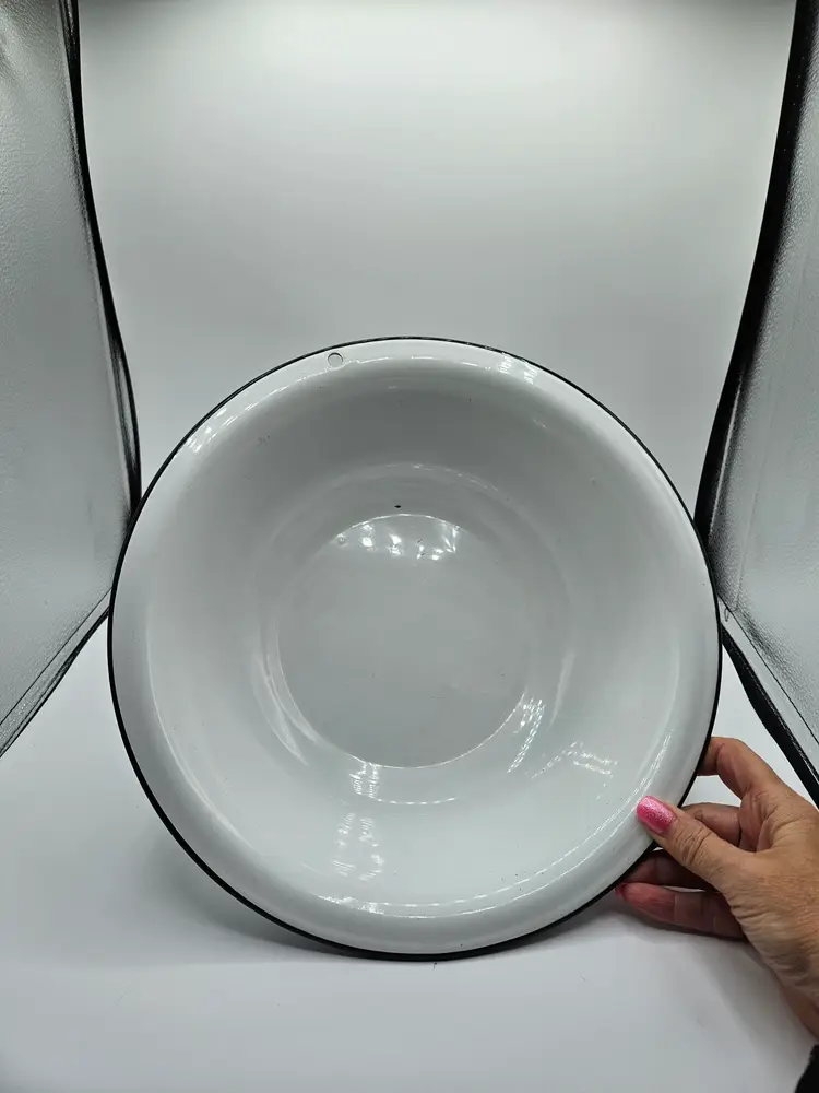Vintage White Metal Enamel Large 12.5" Bowl Black Rim