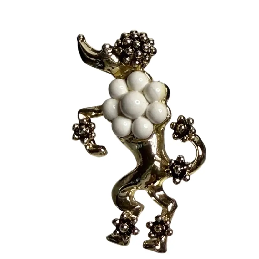 French Poodle Pin Gold Tone White Beads Retro Vintage Signed Coro 
1-1/2” L x 3/4” W