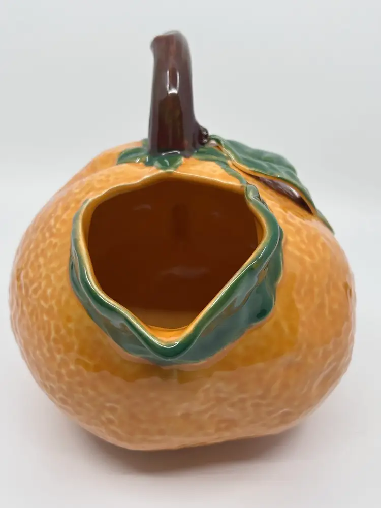 Vintage Majolica Hand Painted  Orange Pitcher Leaves Stem Handle Orange Fruit Design Portugal
