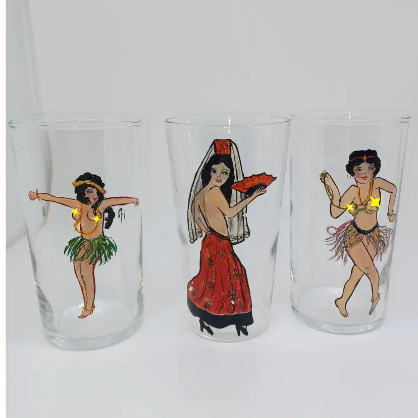 Vintage Hand Painted Risque Tiki Novelty Glasses 3