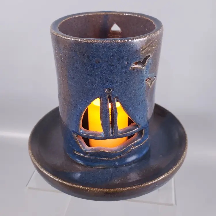 Vintage SIGNED STONEWARE ART POTTERY Sail Boat Lighthouse TEA LIGHT LUMINARY