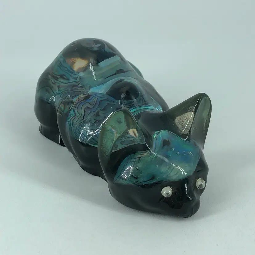Vintage Lucite Abalone Paua Shell Laying Cat Kitten Figurine