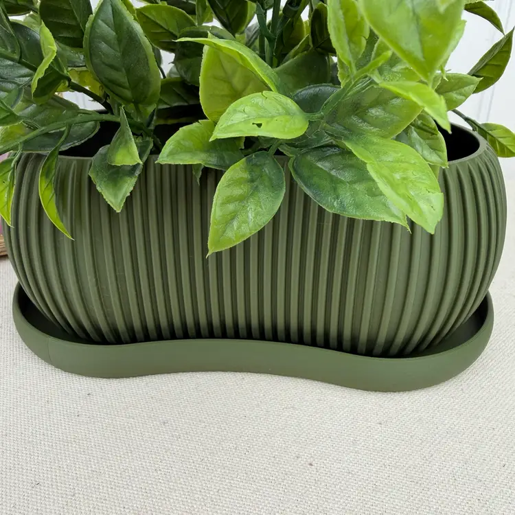 Terra Planter, Indoor Planter with Drainage Tray, Tabletop Planter, Ridged Kidney Bean Shaped