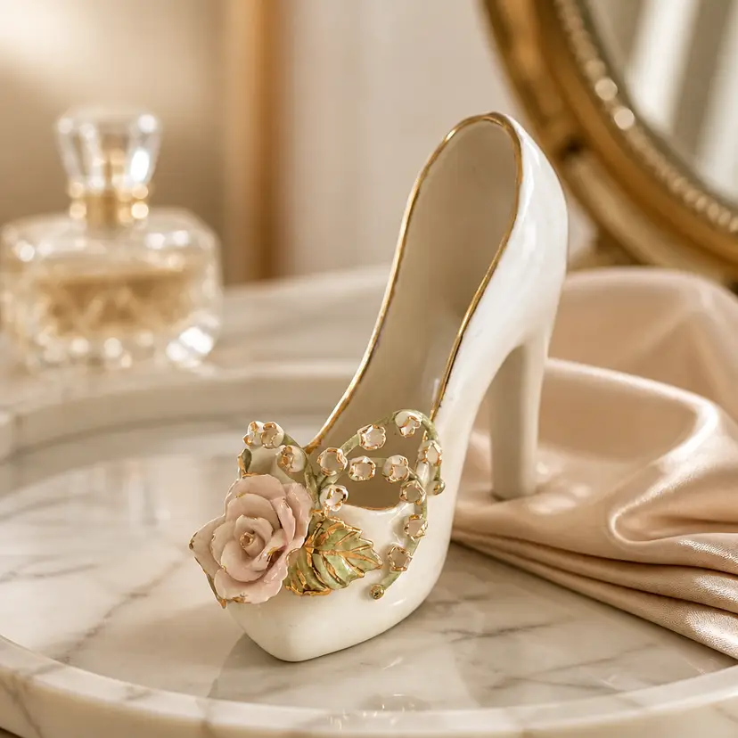 Vintage High Heel Shoe w/ Delicate Porcelain Flowers & Gold Trim, 4"