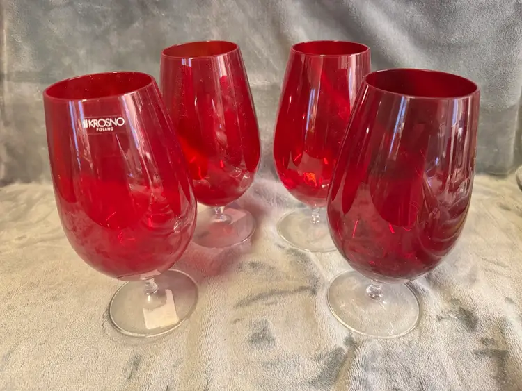Set Of 4 Krosno Poland Crate & Barrel Ruby Red Stemmed Iced Tea Wine Glasses EUC