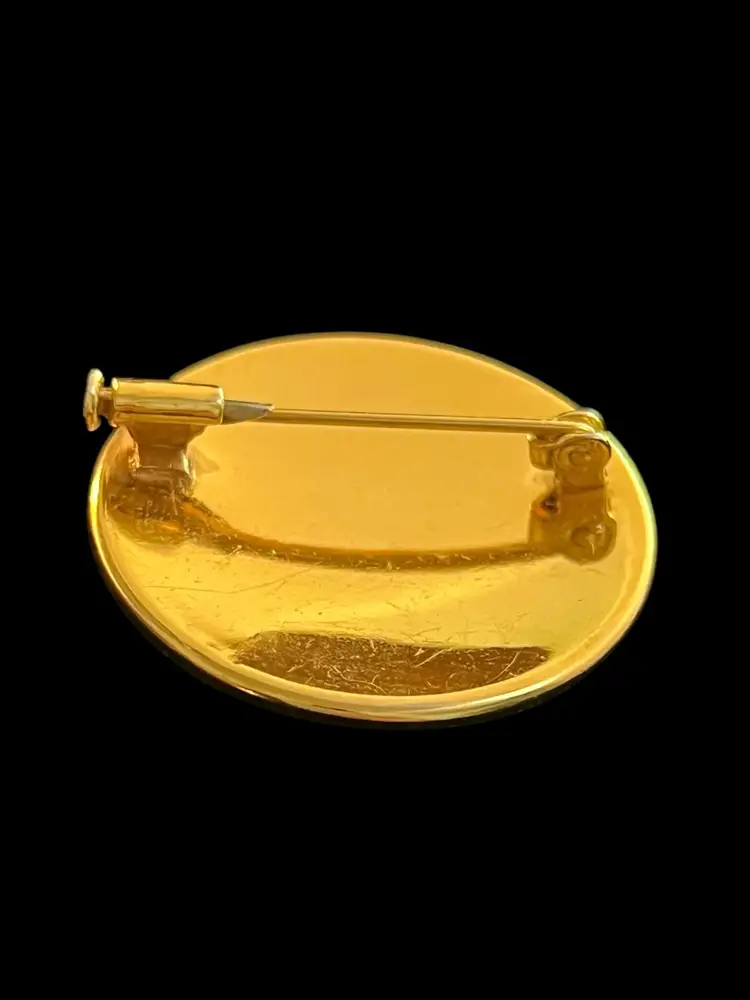 Vintage Damascene Toledo Gold Spain Round Bird Trombone Clasp Brooch #C-9