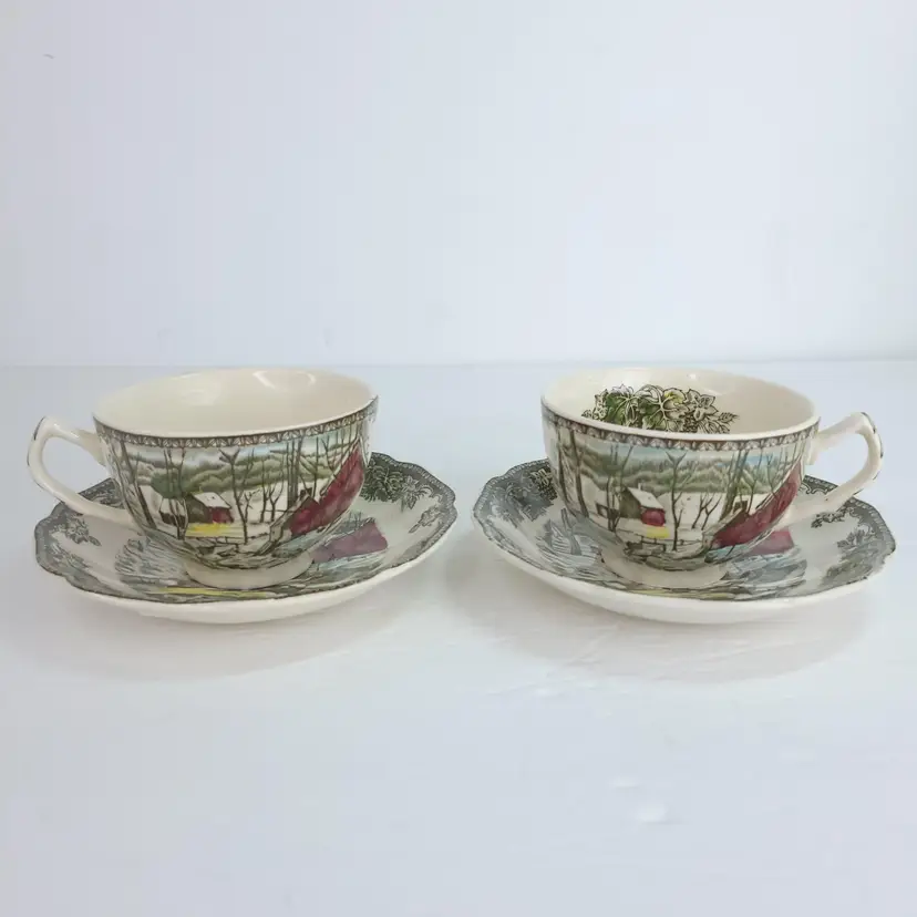 Johnson Bros Friendly Village The Ice House Flat Cups & Saucers Set Lot of 2 VTG