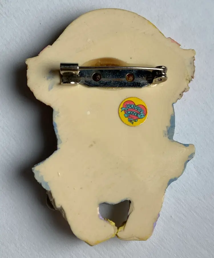 Resin Puppy Love Little Girl in Dress & Straw Hat with Mouse Purse Brooch Pin