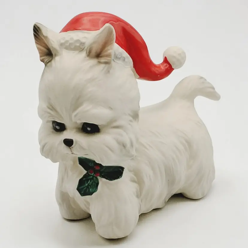 White Westie Dog W/ Santa Hat & Holly Figurine Japan Vtg Lefton Christmas