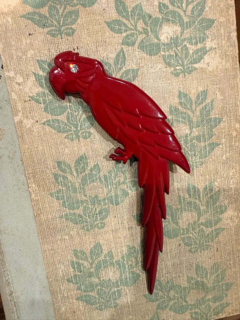 Red Vintage Plastic Parrot Brooch, Buch + Deichmann, Made In Denmark