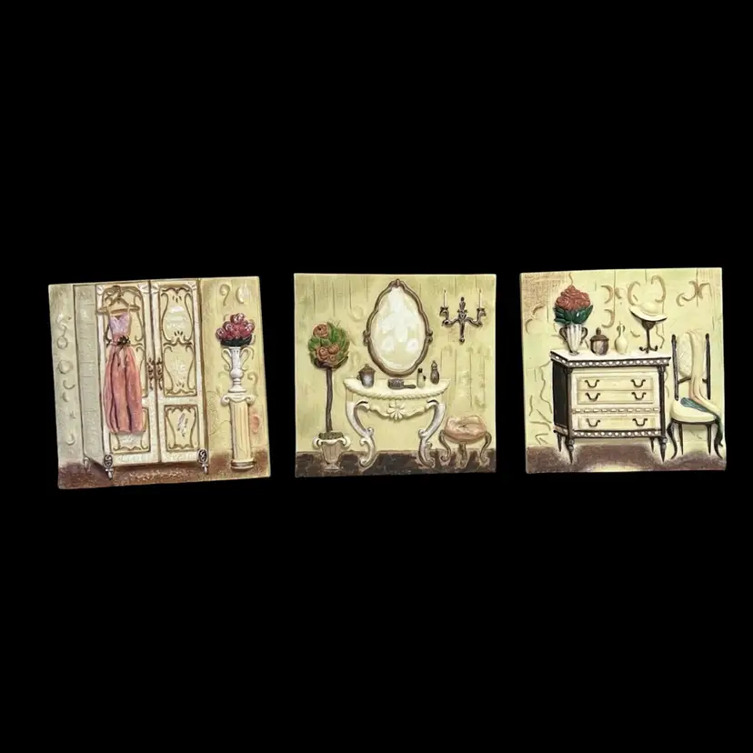 MARKDOWN! Set Of 3 Original Artwork Wall Plaques Bathroom Victorian Decor 6" X 6"