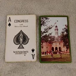 1 Single Swap Card - Playing Card. Vintage Congress card. Williamsburg Capitol. Does have bug holes. Made in OH. Ace of Spades. Dimension 2.5 x 3.5. Read description.